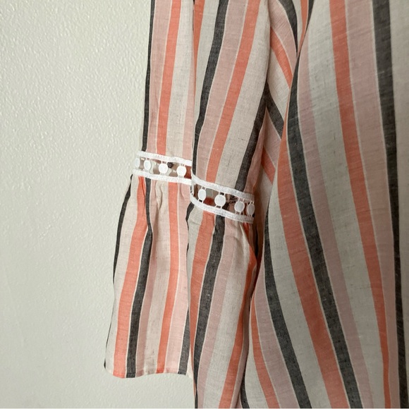 Alyx Front Tie Bell Sleeve Peasant Boho Top L Coral Gray Striped Pullover Shirt - Picture 3 of 11